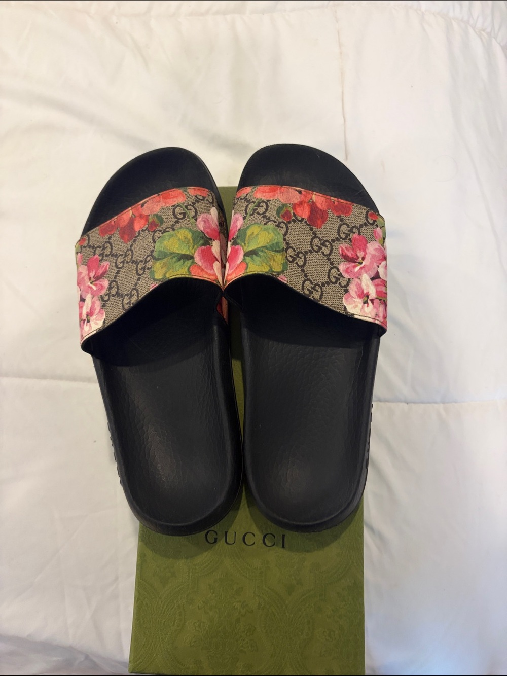 Gucci Floral GG Canvas Slide Sandals in Pink and Green